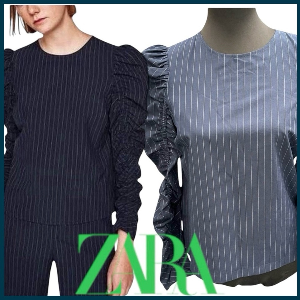 Zara Navy Stripe Crew Neck Gathered Elasticized Long Sleeve Blouse (XS)
